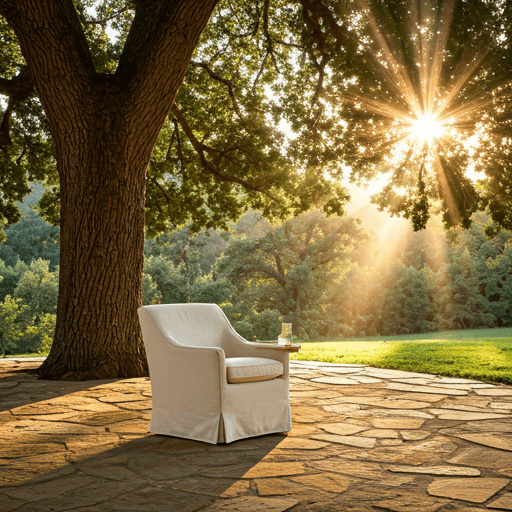 Morning light through an oak tree onto a stone patio, calm earthy tones