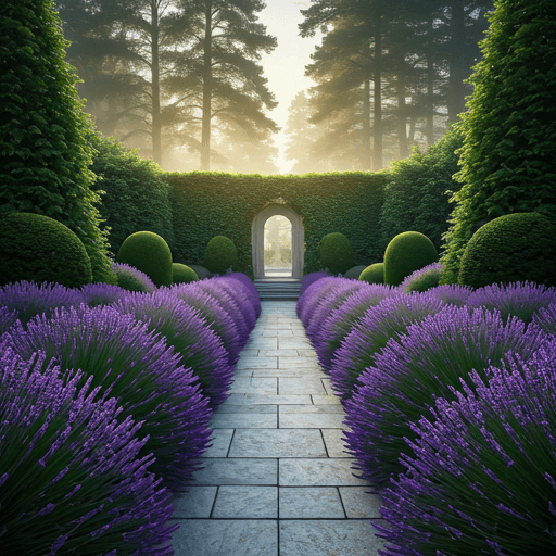Formal garden with stone pathways, lavender borders, and morning light through trees