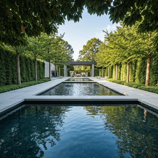 Estate backyard with reflecting pools and perennial gardens