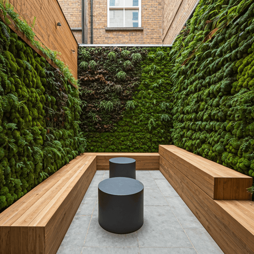 Courtyard with moss walls and timber seating