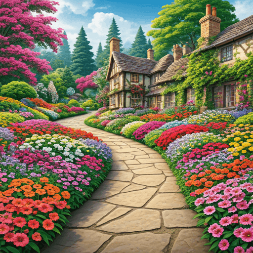 Cottage garden path with flower beds