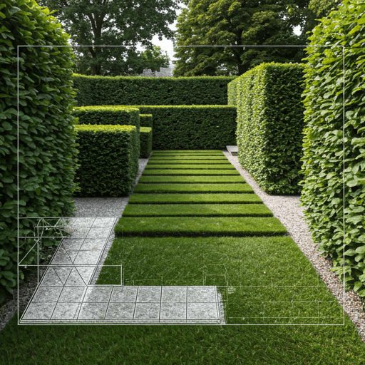 Landscape blueprint overlay on a modern garden with structured hedges