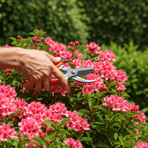 Gardener pruning a flowering shrub in sunlight
