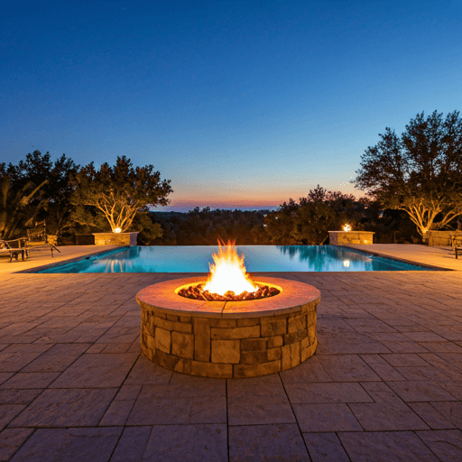 Stone patio with fire pit and pool at dusk